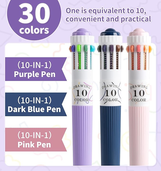 3 Park Multicolor Pens, 10-in-1 Colored Ballpoint Pen, 28 Colors, 0.8mm Fine Point Smooth Writing, Retractable Ballpoint Pens for Office School Students Children