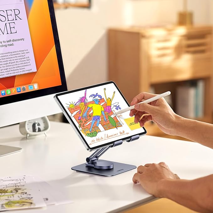UGREEN Tablet Stand for Desk Swivel with 360° Rotating Base Tablet Holder Aluminum Portable Stand Adjustable Home Office Accessories Compatible with iPad Pro 11 Air Mini 6 5 Grey