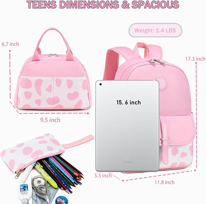School Backpack for Girls Teens Bookbag with Lunch Box Set Kids Backpack Elementary Middle School Bag Daypack, Pink Cow