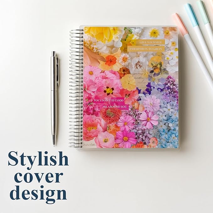 Erin Condren 7x9 Floral Collage Coiled Notebook - dot grid, platinum coil