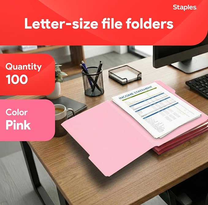 Staples Reinforced Colored File Folders, Letter Size, 3‑Tab Design, Pink, Heavy‑Duty Paper Stock, 100/Pack