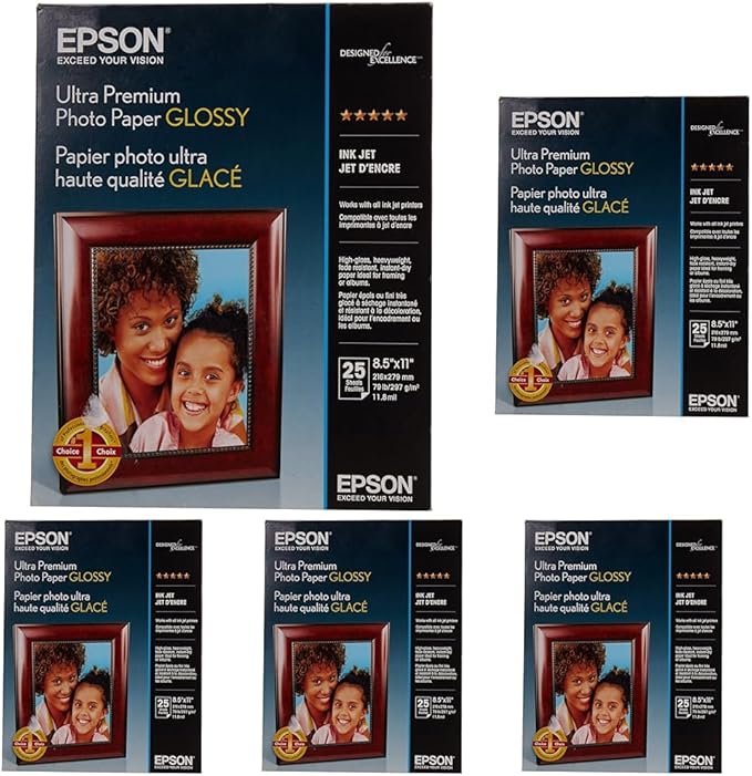 Epson Ultra Premium Photo Paper Glossy, Letter, 8.5 x 11, 25 Sheets (S042182), White (Pack of 5)