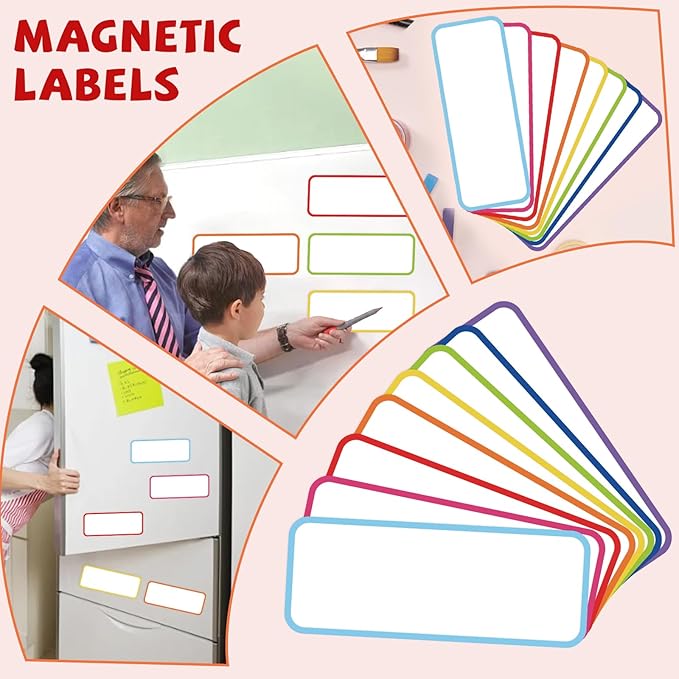 72 Pcs Dry Erase Magnetic Labels, 3.2 x 1.2 Colored Border Reusable Writable Magnetic Name Tags Magnetic Label Stickers for Whiteboard, Refrigerator, Locker Classroom Office Home (8 Colors)