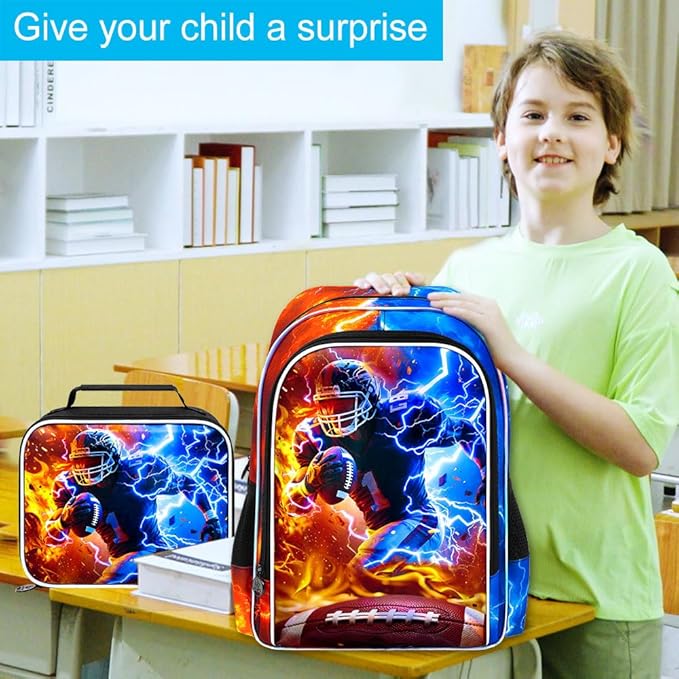 gxtvo 3PCS Rugby School Backpack for Boys, 17" Kids Bookbag with Lunch Box, Water Resistant Middle Elementary - Fire & Lightning Rugby Player