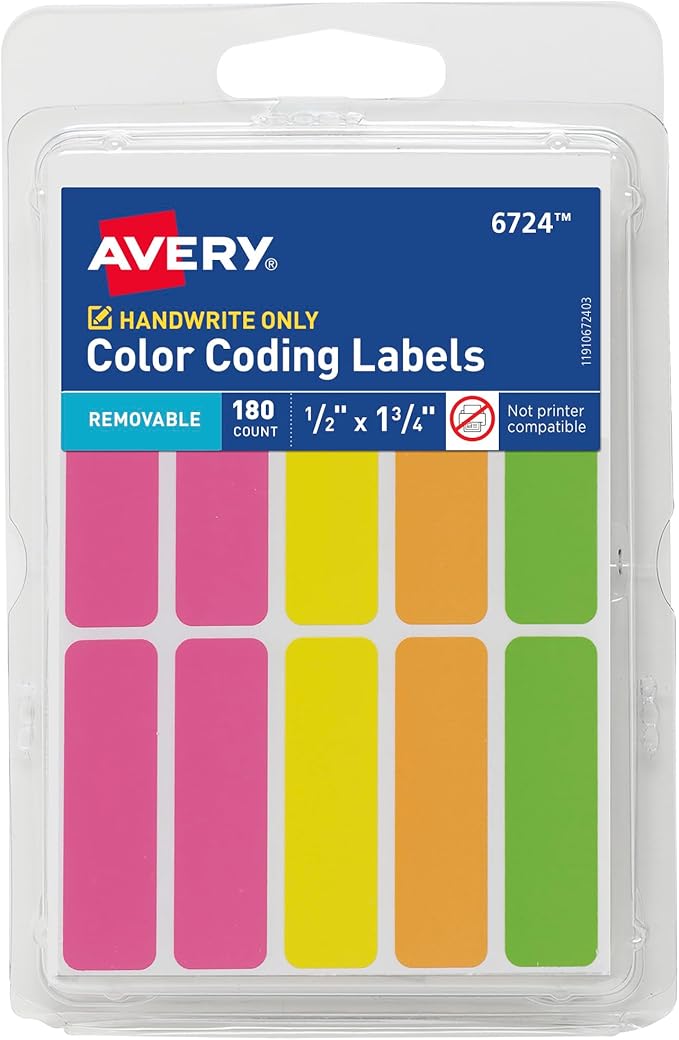 Avery Color-Coding Removable Labels, 1/2" x 1-3/4", Assorted Neon Colors, Non-Printable, 180 Blank Labels Total (6724)