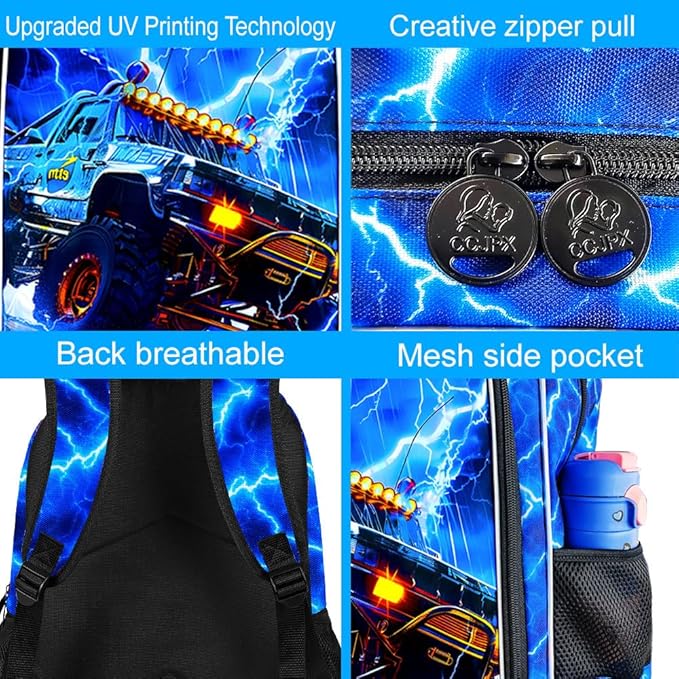 KLFVB 3PCS Kids Backpack Set, 17" Boys Truck Bookbag and Lunch Box, Water Resistant School Backpacks for Teenagers Middle Elementary - Lightning Truck