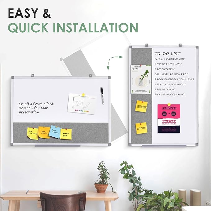 S SWANCROWN Magnetic White Board and Bulletin Cork Board Combination,24 x 18 Inch Dry Erase Board Bulletin Combo Board, Hanging Wall Mounted Message Board Corkboard for Home, School, Office