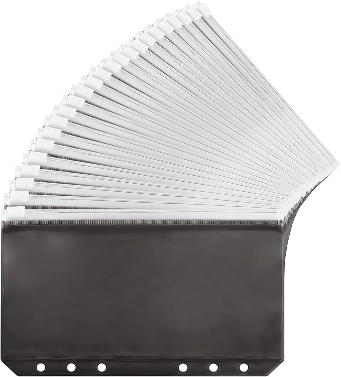 24 Pcs Binder Pocket A6 Size Binder Pockets 6 Holes Budget Cash Envelopes Waterproof PVC Document Pouch Filing Bags(Black)