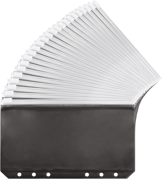 24 Pcs Binder Pocket A6 Size Binder Pockets 6 Holes Budget Cash Envelopes Waterproof PVC Document Pouch Filing Bags(Black)