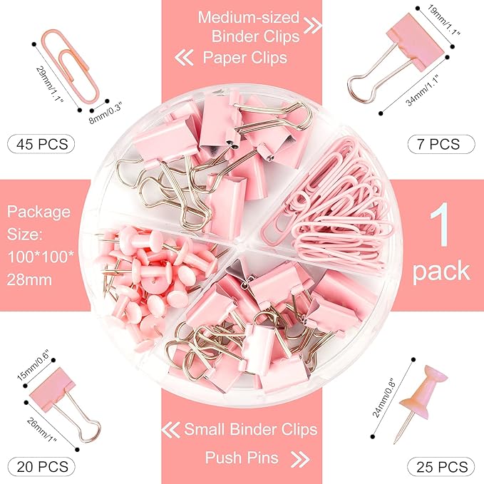 97 PCS Office Supplies for Women, Paper Clips, Binder Clips and Push Pins Set, Paperclips Thumb Tacks School and Home Desk Supplies, Desk Organized (Pink)