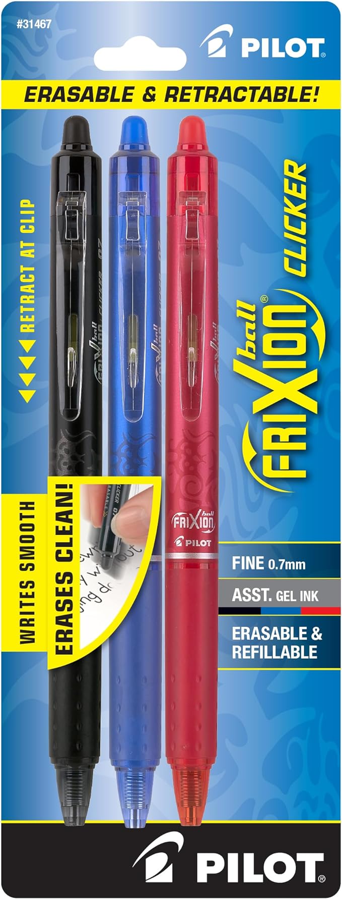 PILOT FriXion Clicker Erasable, Refillable & Retractable Gel Ink Pens, Fine Point, Black/Blue/Red Inks, 3-Pack (31467)