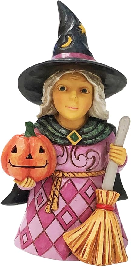 Enesco Jim Shore Heartwood Creek Halloween Collection Witch Holding a Pumpkin Miniature Figurine- Stone Resin Hand Painted Crafted Collectible Halloween Mini Figurines Home Decor Statue, 3.94 Inch