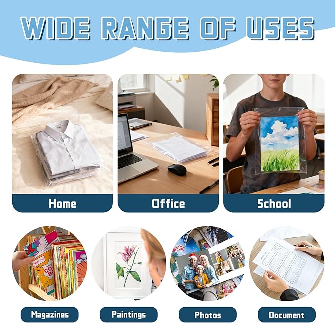 50 Pack 9 3/8 x 12 2/5 inches Crystal Clear Sleeves Storage Bags, Self Sealing Cellophane Bags Magazine Sleeves Protectors for 9x12 Photo Mats Art Prints Drawings