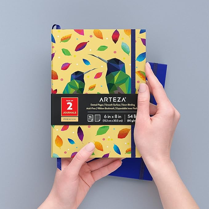 ARTEZA Dotted Journals, Set of 2, 6x8 Inches, 96 Sheets, Bird Design and Cobalt Blue, Aesthetic Notebooks with Smooth Paper