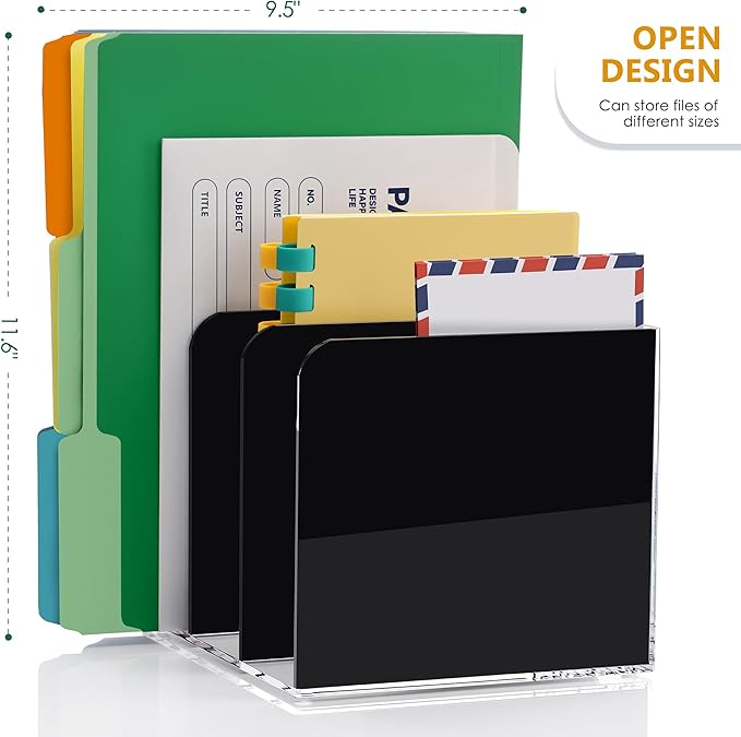 SANRUI Acrylic Magazine File Holder Desktap Organizer, Clear Folder Rack Workspace Document Sorters, Bookend File Office Accessories Organization Storage, (Black 3 Vertical Compartments)
