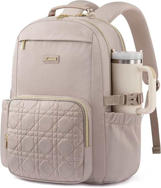 LOVEVOOK Laptop Backpack for Women with Pouch Pocket for Large Capacity Cup,15.6 Inch Teacher Nurse College Work Backpack Purse,Waterproof Laptop Bag Computer Back Pack for Travel, Nude+Wicker pattern