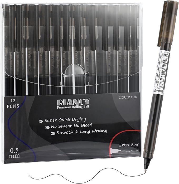 RIANCY Black Fine Point Gel Pens 12Pcs 0.5mm Gel Ballpoint Pens Black Liquid Ink Pens No Smear No Bleed, Smooth Writing Pen for Journaling Note Taking Drawing Sketching Coloring Office School Supplies