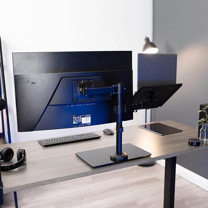 VIVO Free Standing Single Computer Monitor and Laptop Combo Desk Stand with Sleek Glass Base, Fits up to 32 inch Monitors and 17 inch Laptops, Black, STAND-V002FGL