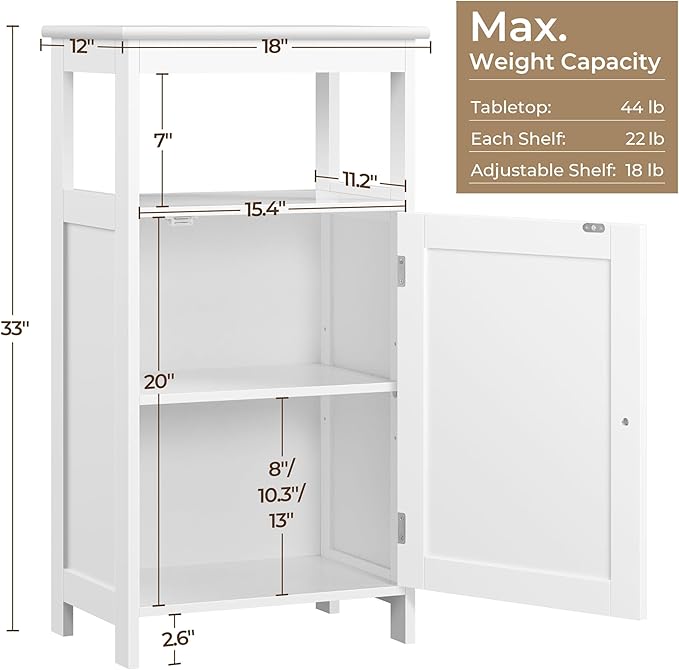 Yaheetech Single Door Floor Cabinet, Bathroom Free Standing Storage Organizer with Adjustable Shelf, Narrow Side Cabinet for Living Room, White