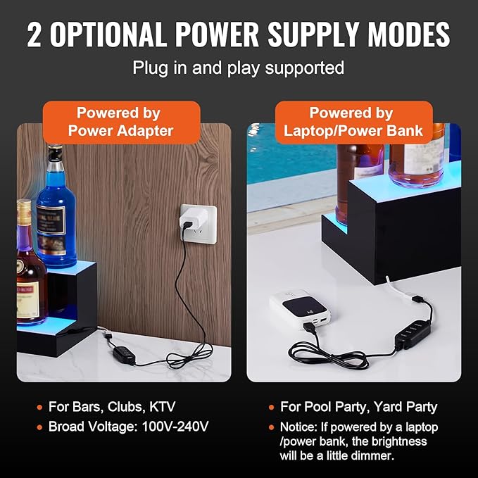 VEVOR LED Lighted Liquor Bottle Display, 2 Tiers 16 Inch Commercial Illuminated Home Bar Shelf, 2 Steps Whiskey Rack Stand, Acrylic Drink Shelves with RF Remote & App Control, and Multicolor Light