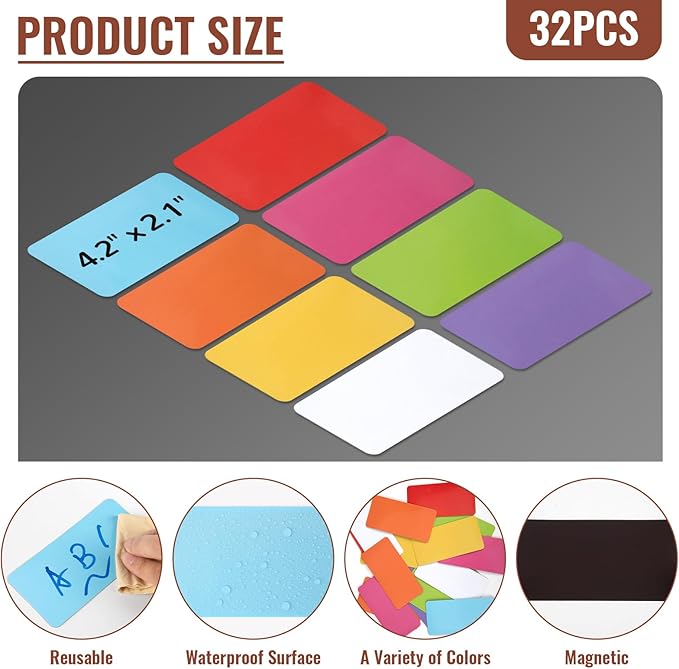 32 Pcs Dry Erase Magnetic Labels, 4.2 x 2.1 Reusable Writable Name Tags Magnetic Label Stickers for Whiteboard, Refrigerator, Locker Classroom Office Home (Rainbow)