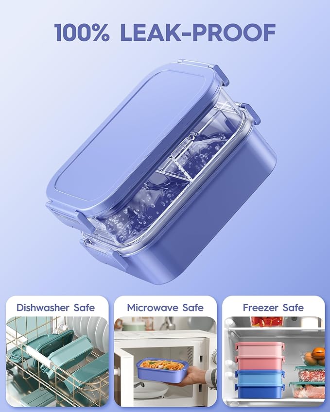 Adults Bento Lunch Box Set with Thermo Bag, 74oz Stackable Leak-proof 3-tiers Bento Box, Built-in Utensil and Sauce Container for Work, School, Dining Out (Purple)