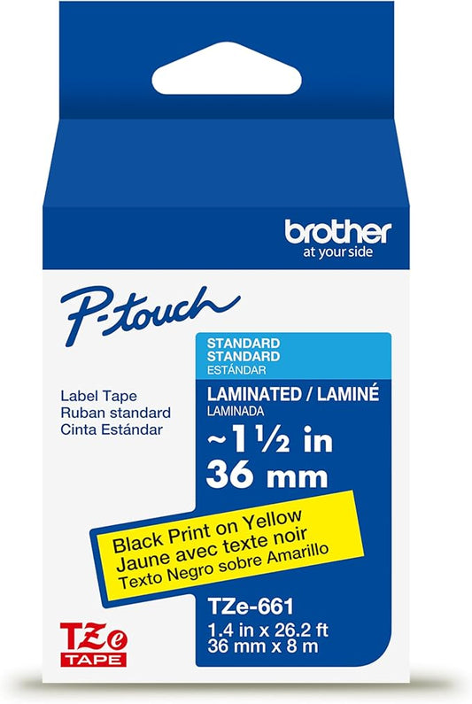 Brother Genuine P-Touch TZe Black Print on Yellow Label Tape (TZe661), Laminated,1-1/2in x 26.2ft (36mm x 8m), for Select P-Touch Label Makers, Durable, Water-Resistant, Indoor/Outdoor Use