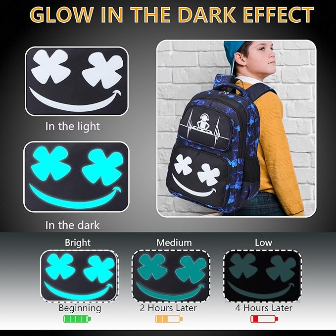 Boys Backpack with Lunch Box Glow in Dark Kids Ages 4-12 Kindergarten Elementary Middle School Teens Bookbag Mochilas Para Niños, Luminous Face Black Blue
