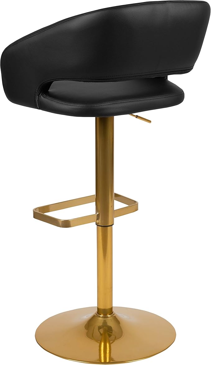 Flash Furniture Erik Contemporary Adjustable Height Barstool with Footrest and Rounded Mid-Back, Upholstered Bar or Counter Height Stool, Black/Gold