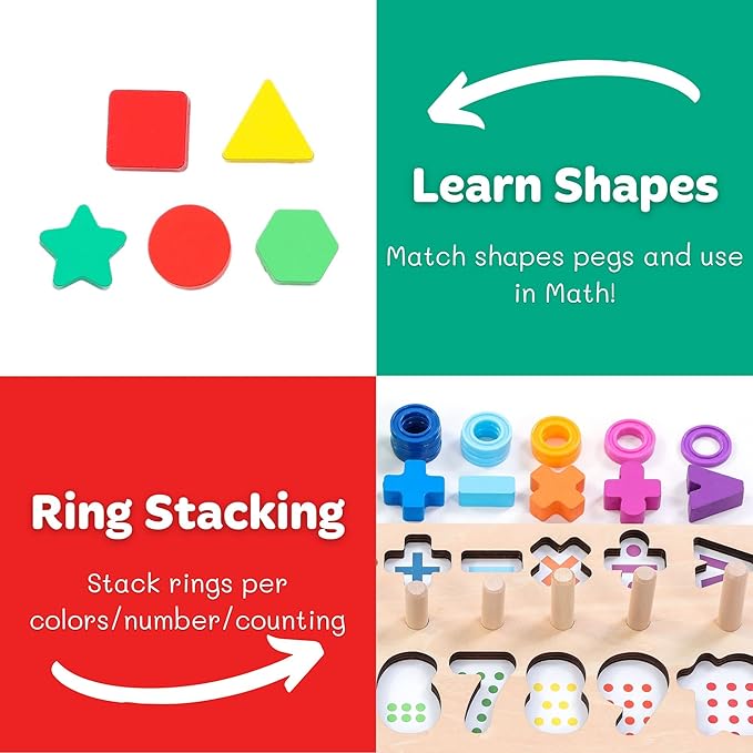 Wooden Montessori Toys for Kids Toddler Number Puzzles Sorter Counting Shape Stacker Stacking Game Preschool Toys for Boy Girl Learning Education Math Blocks Year Old Girl Gifts (Rainbow)