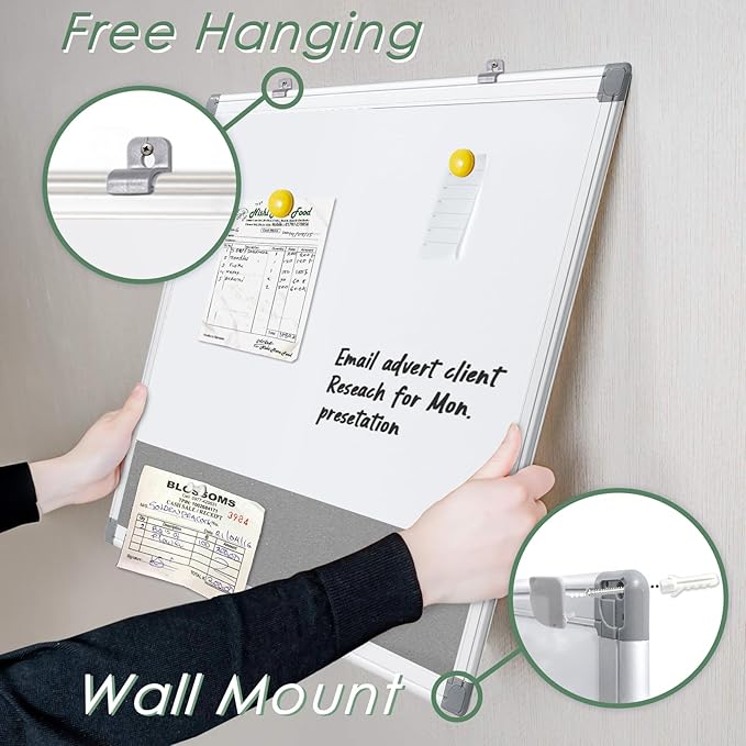 S SWANCROWN Magnetic White Board and Bulletin Cork Board Combination,24 x 18 Inch Dry Erase Board Bulletin Combo Board, Hanging Wall Mounted Message Board Corkboard for Home, School, Office