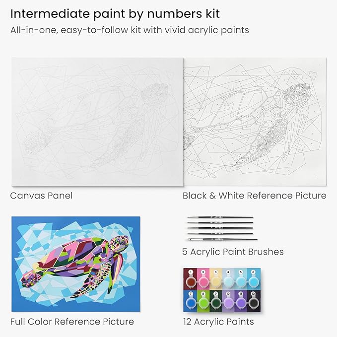 ARTEZA Paint by Number for Adults, 12x16 Inches, 21 Pieces, Turtle Paint by Numbers Kit, Comes with 1 Canvas Panel, 12 Acrylic Paint Pots, 5 Paintbrushes, Art Supplies for Home & Office Wall Decor