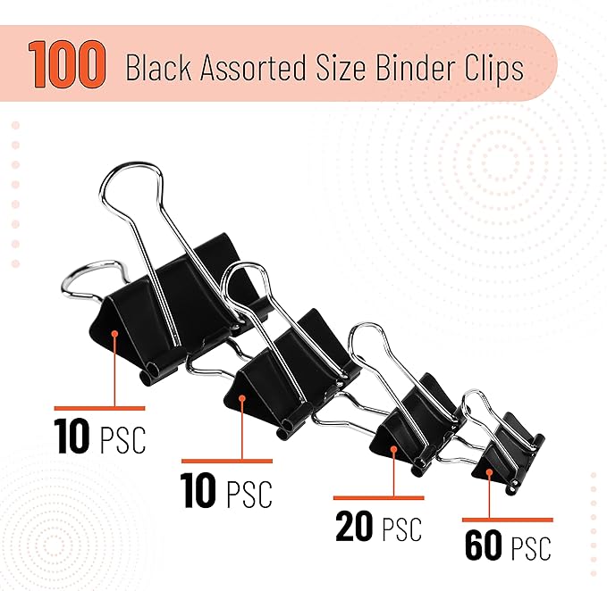 Mr. Pen- Binder Clips, 100 pcs, Assorted Sizes, Black Binder Paper Clips, Bulk Paper Clamps for Office Supplies, Home, School, Business, Document Organizing