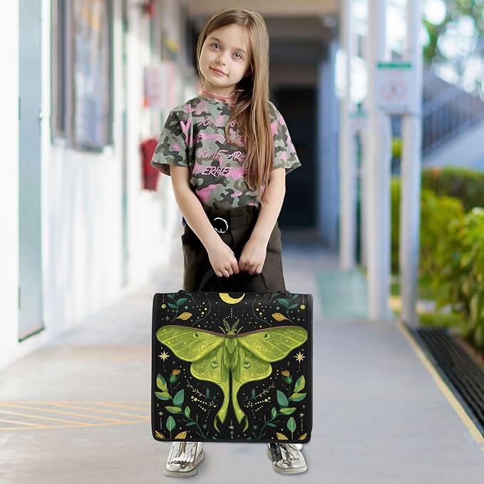 3 Ring Zipper Binder with Shoulder Strap Mystical Green Moon Moth Boho 1.5 inch Binders Keeper Large Capacity Multi Pockets for School Office Supplies