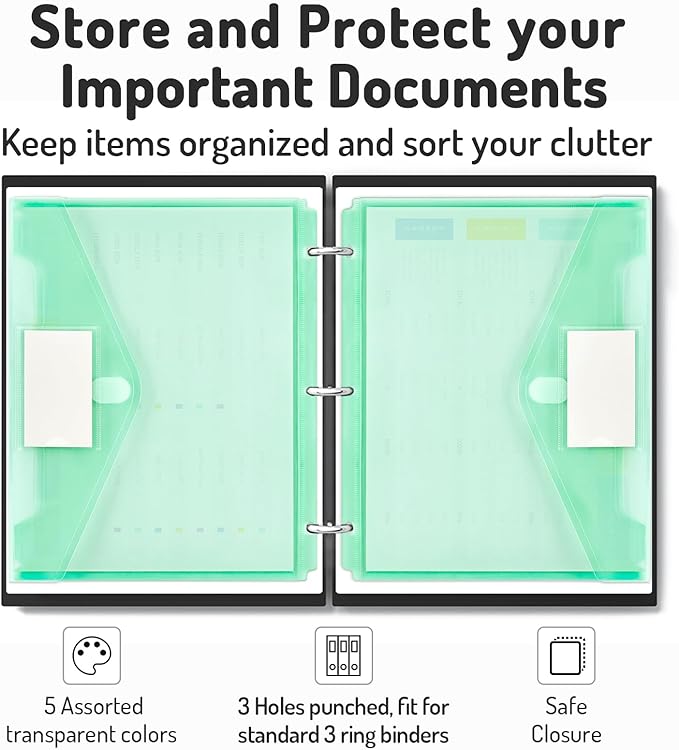 Forvencer Binder Pocket, 24 Pack Super Heavyweight Plastic Folders with Tight Closure, Binder Folders Side Loading, 3 Ring Binder Pocket, Binder Dividers with Pockets, Letter Size, Pastels Series