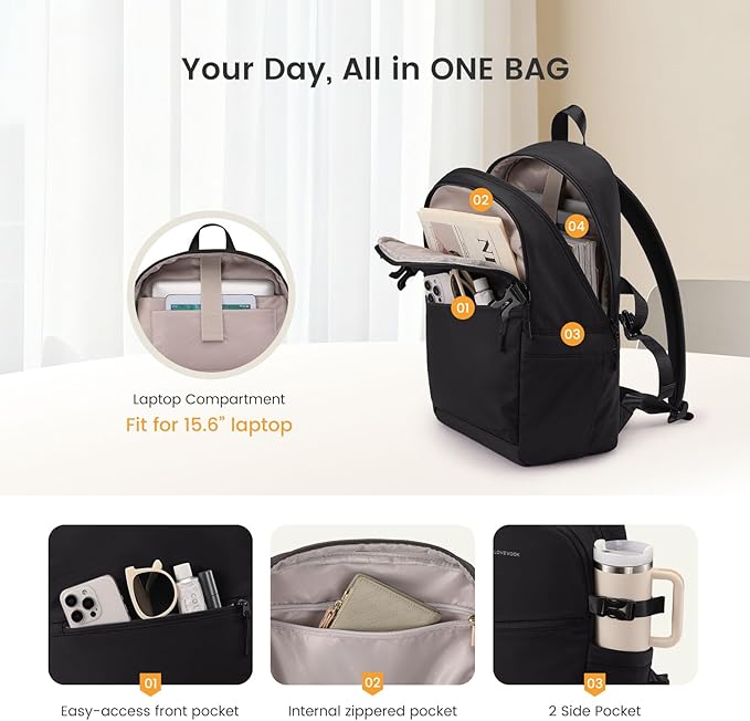 LOVEVOOK Everyday Backpack for Women, Chic Versatile Backpack with Water Bottle Pocket, Lightweight Waterproof Casual Daypack for City Work Commute, College, Travel & Gifts, Black-White-Brown