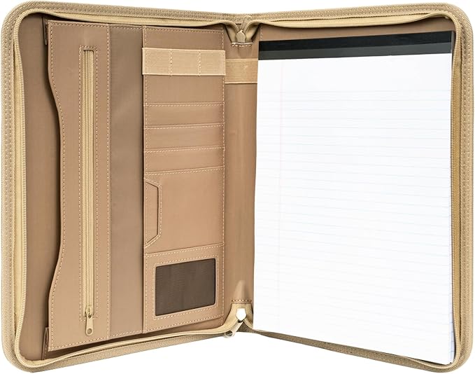 Military Zippered Padfolio and Tactical Notebook Cover with Legal Pad for A4 Folder, Large OCP Binder Planner for Men and Women - Army Leaders Book Organizer(Coyote)