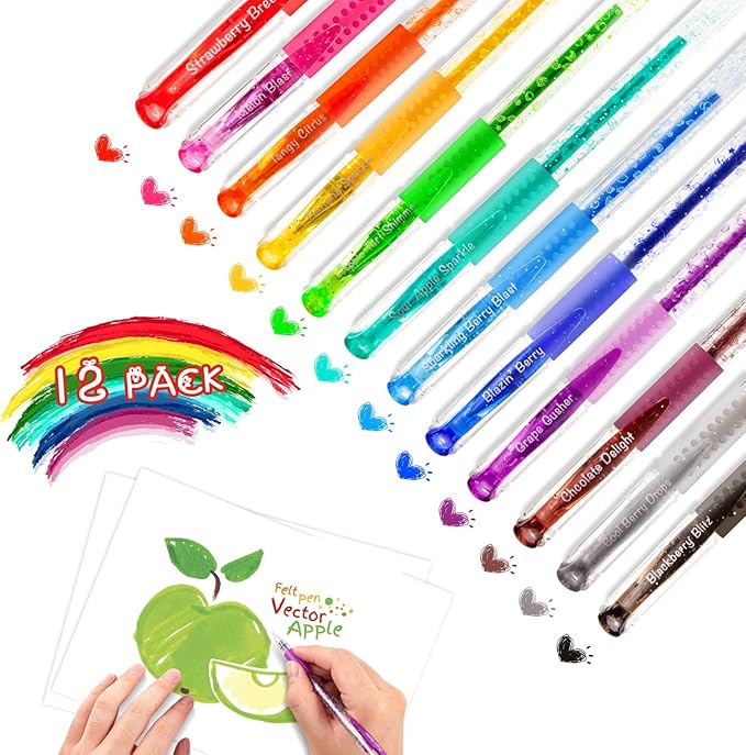 12 Colors Glitter Gel Pens,Glitter Pens Fine Tip Art Markers,for Adult Drawing, Writing, Coloring, Journaling