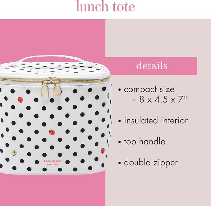 kate spade new york Insulated Lunch Tote, Small Lunch Cooler, Cute Lunch Bag for Women, Thermal Bag with Double Zipper Close and Carrying Handle, Ladybug Dot