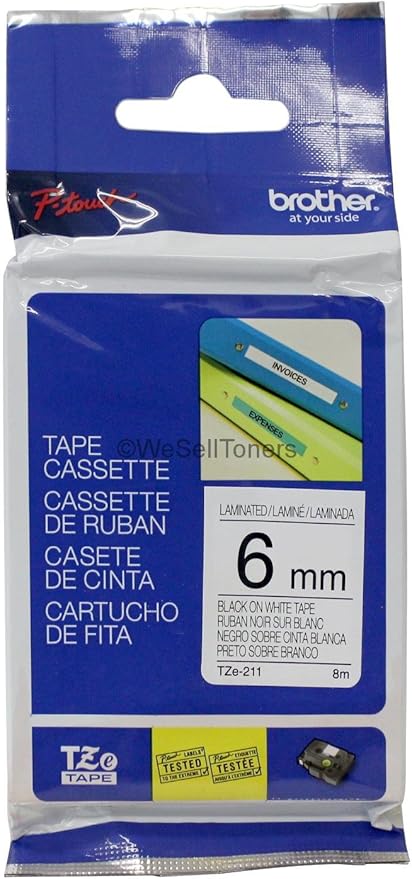 Brother Genuine P-touch TZE-211 Label Tape 1, 1/4" (0.23") Standard Laminated P-touch Tape, Black on White, Laminated for Indoor or Outdoor Use, Water Resistant, 26.2 Feet (8M), Single-Pack