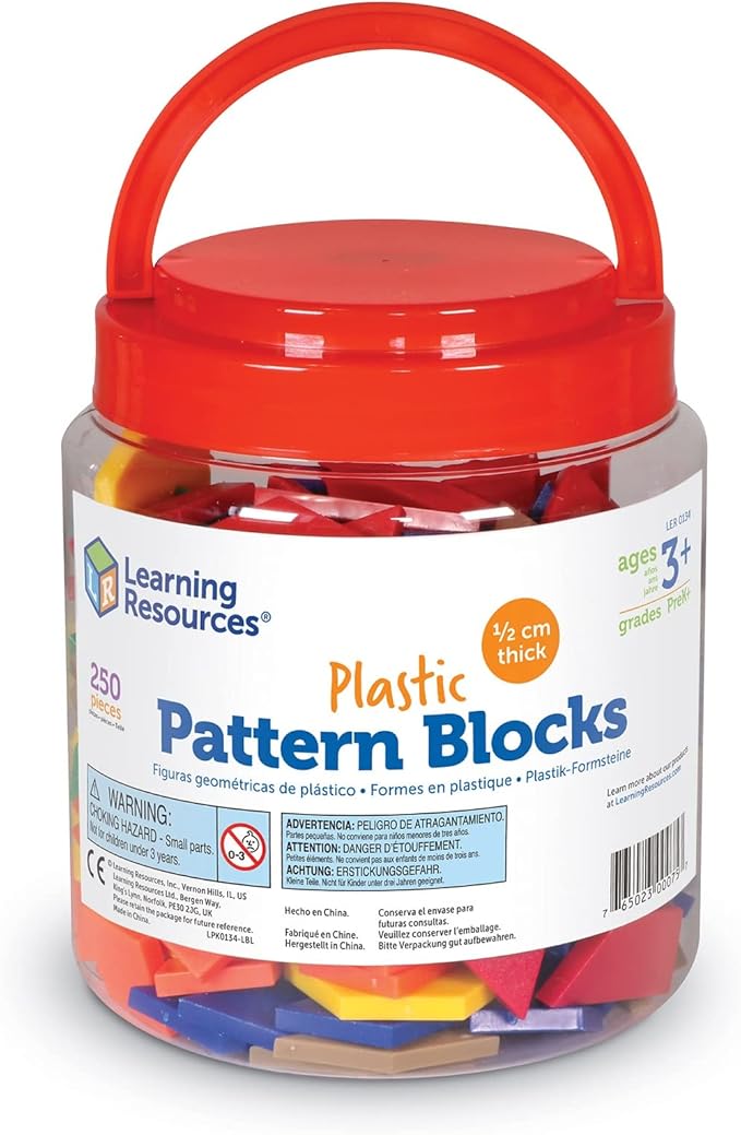 Learning Resources Plastic Pattern Blocks 250 Set - Classroom Must Haves, Math Teaching Tools, Homeschool Supplies, Math Manipulatives
