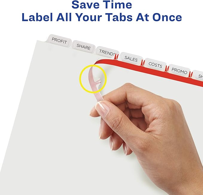 Avery 8 Tab Dividers for 3 Ring Binder, Easy Print & Apply Clear Label Strip, Index Maker Customizable White Tabs, 10-Pack of 5 Sets, 50 Sets Total (11437)