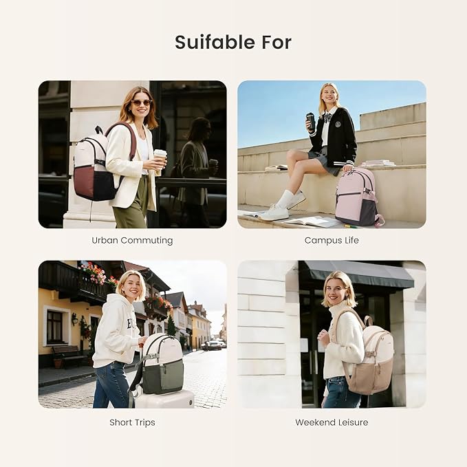 LOVEVOOK Everyday Backpack for Women, Chic Versatile Backpack with Water Bottle Pocket, Lightweight Waterproof Casual Daypack for City Work Commute, College, Travel & Gifts, Pink-Gray
