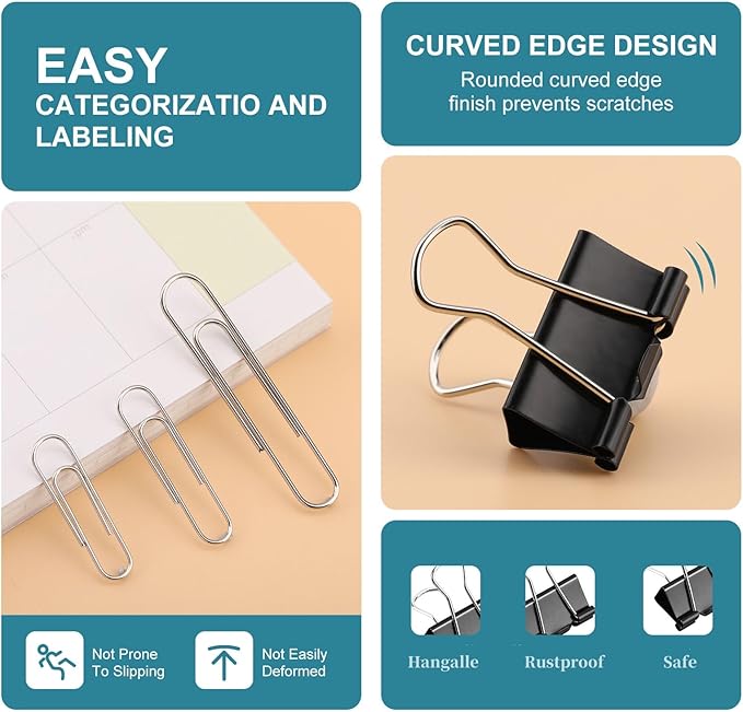 360 Pcs Paper Clips and Binder Clips Assorted Sizes, Large Medium Small Size Silver Paper Clips & Black Binder Clips with Container, for Office, Home, School Supplies