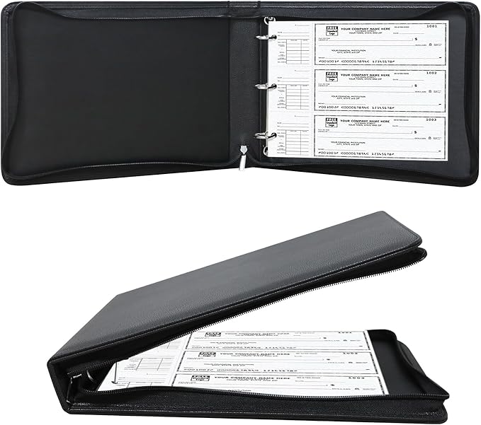 LLi Cufite 3 Rings Check Binder for End-Stub Deskbook Checks, Zipper Business Check Binder, 3 on a Page, Fit 3 & 9 Holes Check Faux Leather (9.5" x 12.6") (Black)