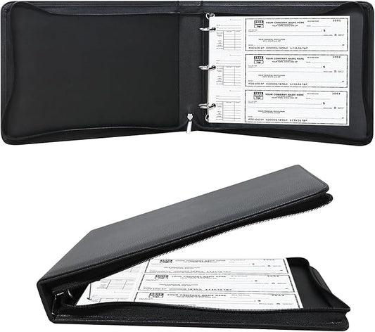LLi Cufite 3 Rings Check Binder for End-Stub Deskbook Checks, Zipper Business Check Binder, 3 on a Page, Fit 3 & 9 Holes Check Faux Leather (9.5" x 12.6") (Black)