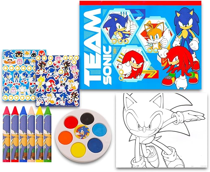 Sonic The Hedgehog Drawing and Painting Set for Boys - Sonic Gift Bundle with Coloring Book, Coloring Utensils, Watercolor Paints, Stickers, Tattoos, More | Sonic Crafts for Kids
