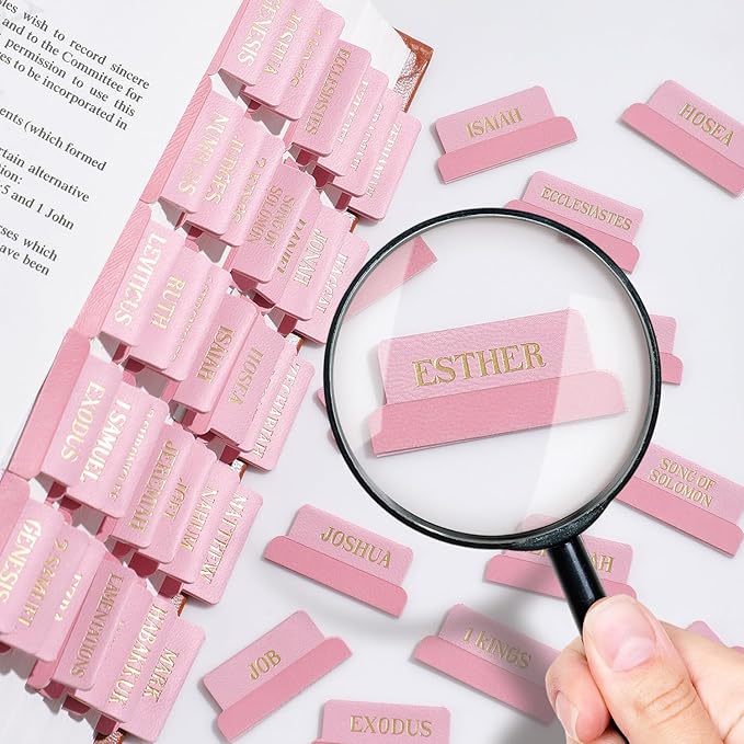 Leather Bible Tabs, Bible Tabs for Women and Men(Gold Foil Lettering) Large Print Stickers, Easy to Read and Apply, 66 Chapters & 14 Blank DIY Labels for Easy Navigation, Christian Accessories(Pink)