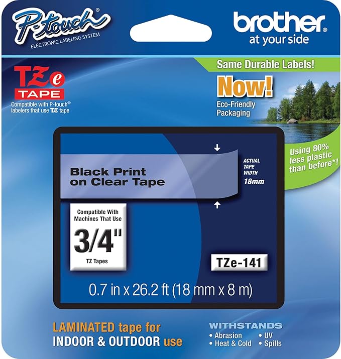 Brother Genuine P-Touch TZE-141 Tape, 3/4" (0.7") Standard Laminated P-Touch Tape, Black on Clear, Laminated for Indoor or Outdoor Use, Water-Resistant, 26.2 ft (8 m), Single-Pack