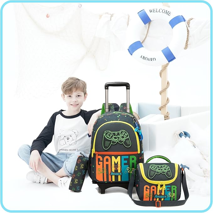 Rolling Backpack for Boys Backpack with Wheels for Kids Backpacks for Daycare with Lunch Box Pencil Case Roller Backpacks for Kids
